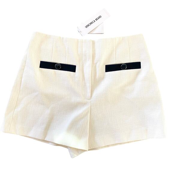 Veronica Beard Gershwin Tailored Shorts Sz 10 Ivory Tweed Navy Trim Buttons - Picture 2 of 12